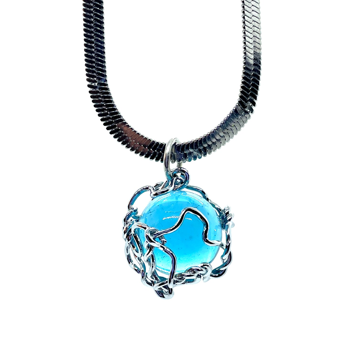 Collier BUBBLE Cristal bleu turquoise muselé chrome