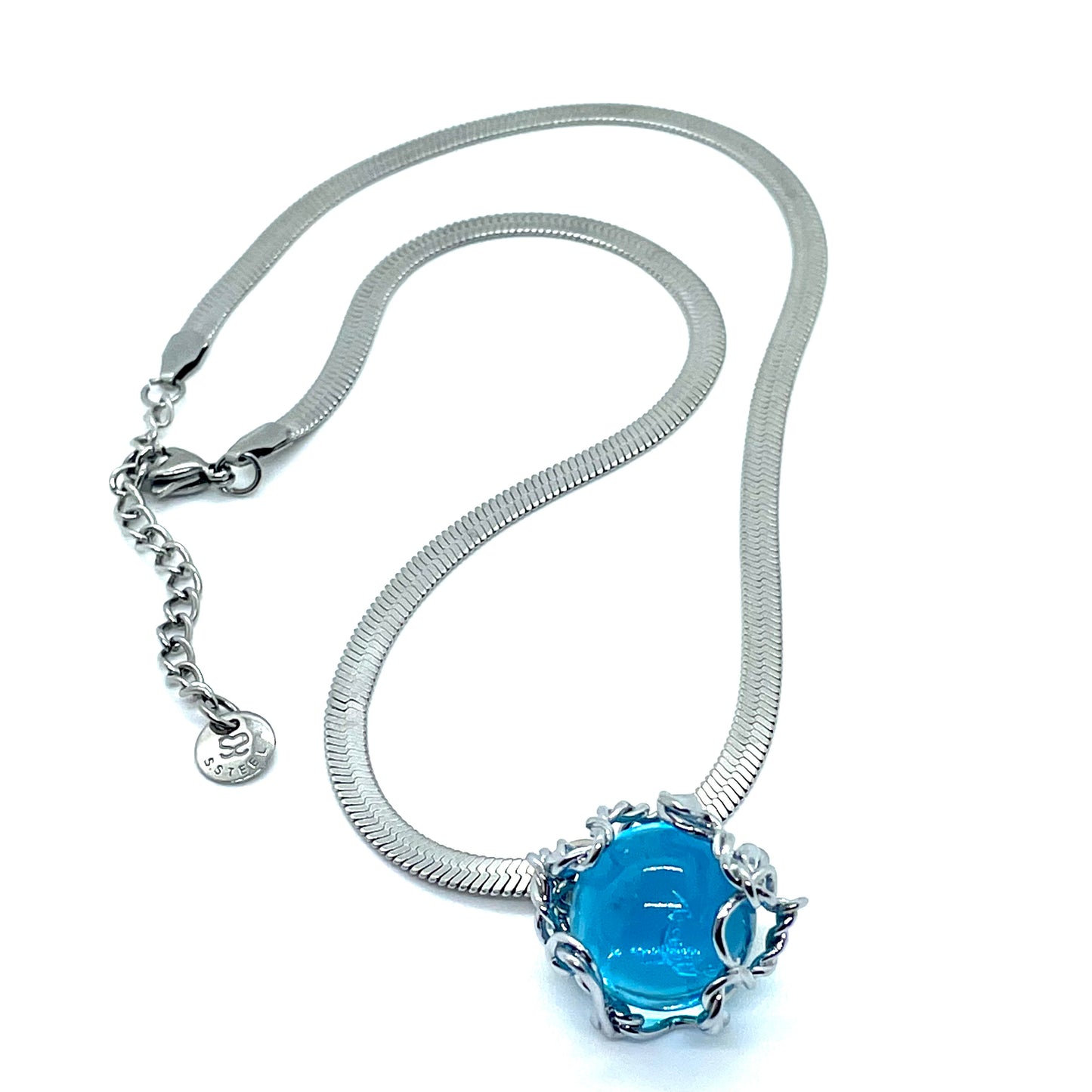 Collier BUBBLE Cristal bleu turquoise muselé chrome